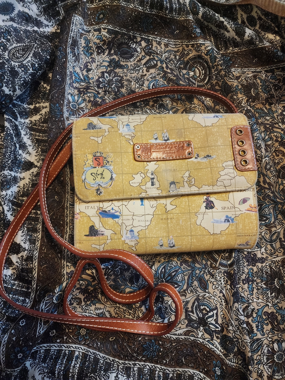 Sharif Yellow Leather Map-Print Crossbody Bag with Brown Trim